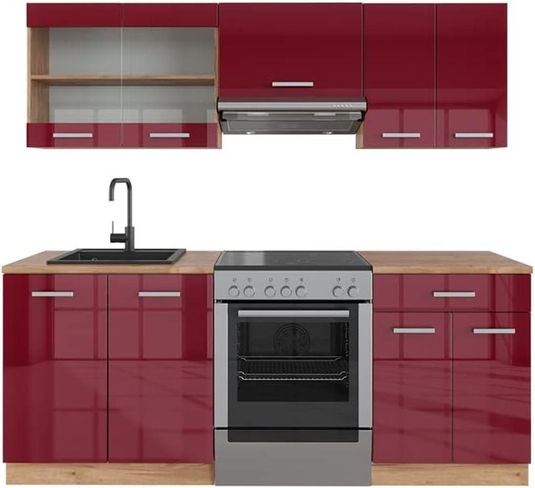 Vicco Küchenzeile Küchenblock Einbauküche R-Line 200 cm Küchenmöbel KüchenschränkeSpülenunterschrank Schubunterschrank Glas Hängeschrank (Eiche-Bordeaux-Rot Hochglanz, ohne Arbeitsplatten) Bild 1