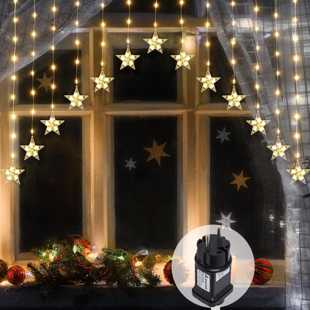 SALCAR 3m LED Sternen Lichtervorhang, 222 LED mit 16er Stern LED Lichterkette Sterne, Fenster Deko LED Stern mit timer, Weihnachtsbeleuchtung für Weihnachten Balkon Party Hochzeit - Warmweiß Bild 1