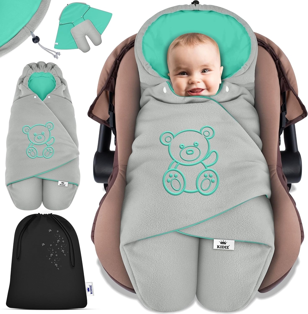 KIDIZ® Baby Einschlagdecke Babyschale Winter Herbst Babydecke mit Kapuze & Tasche Universal Fußsack kompatibel mit Maxi-Cosi, Römer, Buggy, Kinderwagen & Autositz isolierend gegen Wind, Nässe & Kälte Grau / Türkis Bild 1