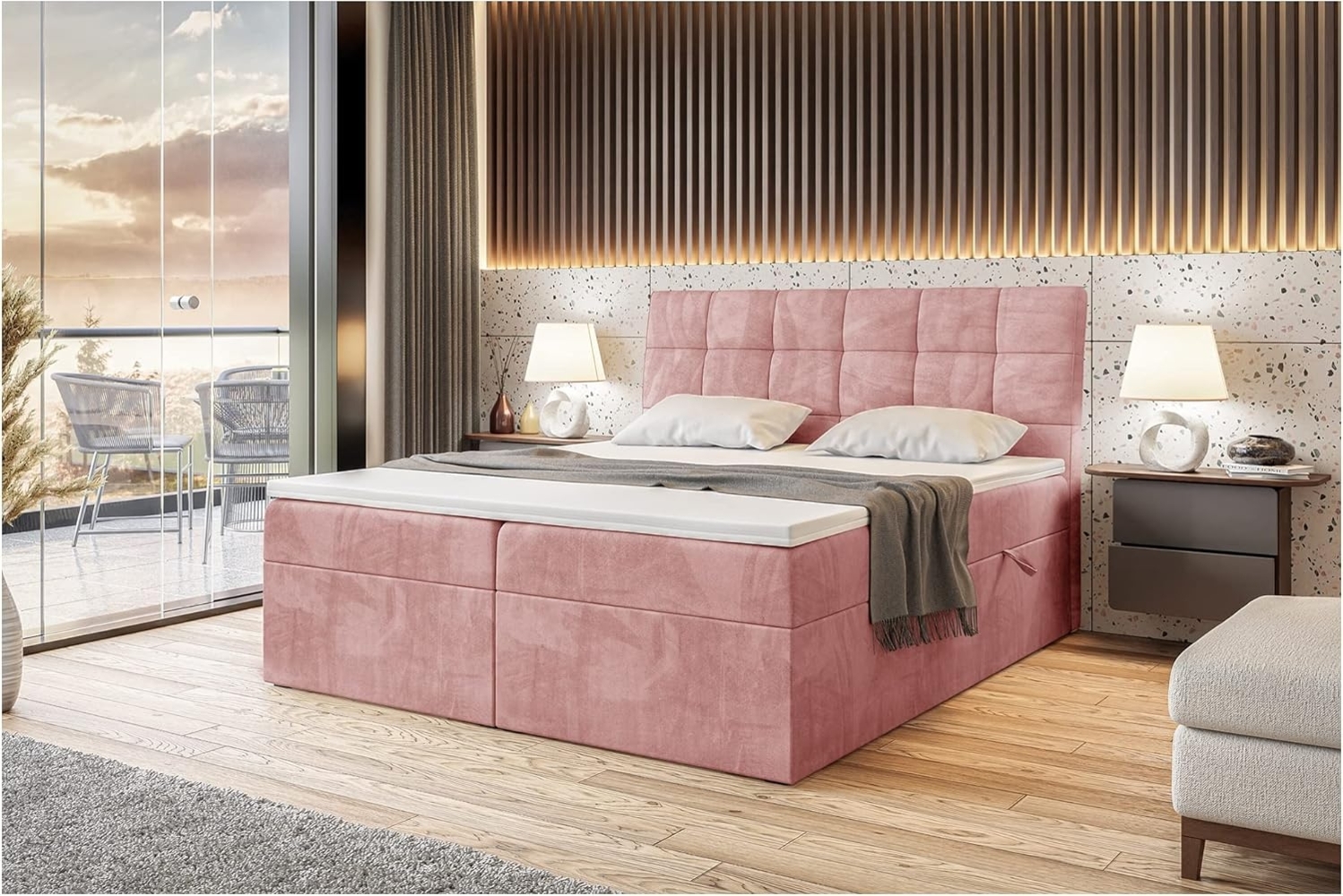 MEBLINI Boxspringbett DRAGO 180x200 cm mit Bettkasten - H3/Rosa Samt Polsterbett - Doppelbett mit Topper & Taschenfederkern-Matratze Bild 1