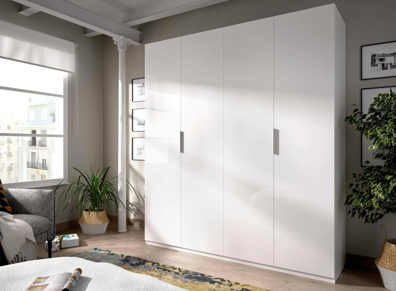 Dmora - Kleiderschrank Prado, Garderobe für Schlafzimmer, Kleiderschrank mit 4 Flügeltüren, 180x52h204 cm, Weiß Bild 1