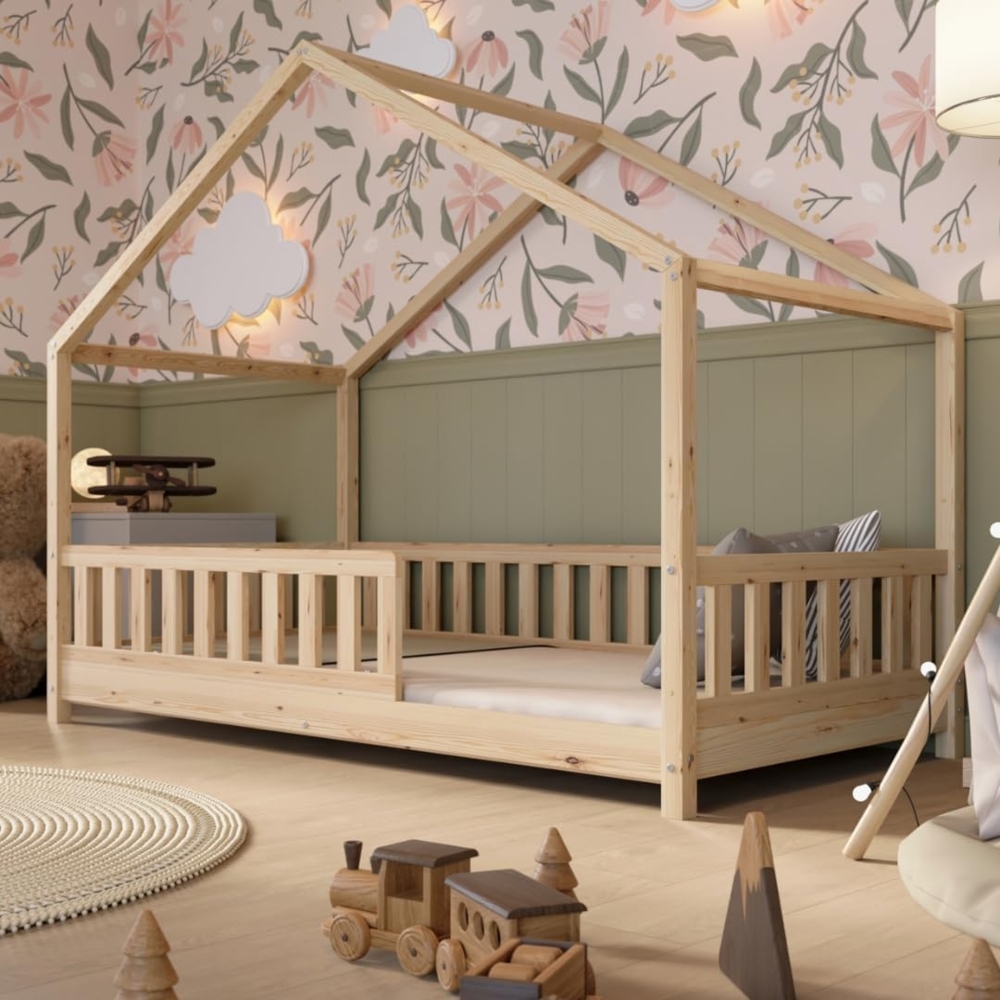 Crazy Pine Hausbett 200x90 cm – Kinderbett aus Naturholz mit Rausfallschutz – Montessori Bodenbett mit Höhenverstellbaren Beinen und Abnehmbarer Barriere - Crazy House Bild 1