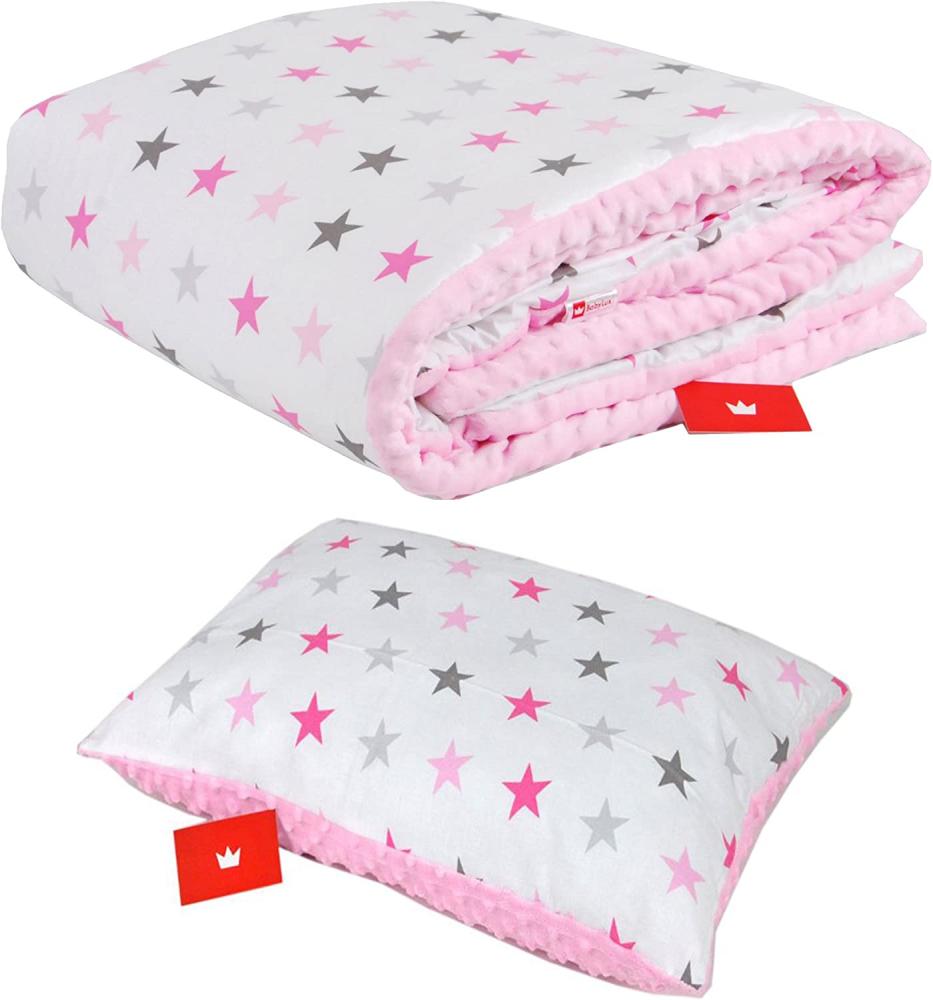 Kinderdecke BABYLUX Kuscheldecke 100 x 150 cm Babydecke Kinderdecke MINKY XXL, BabyLux, 1. Rosa + Sterne mit Kissen Bild 1