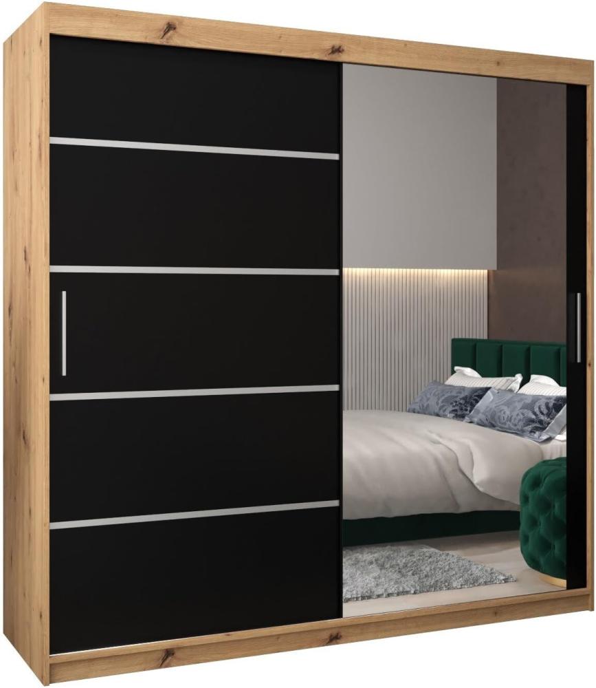 Schwebetürenschrank Verona 2-200 cm mit Spiegel Kleiderschrank mit Kleiderstange und Einlegeboden Schlafzimmer- Wohnzimmerschrank Schiebetüren Modern Design (Artisan Eiche + Schwarz) Bild 1