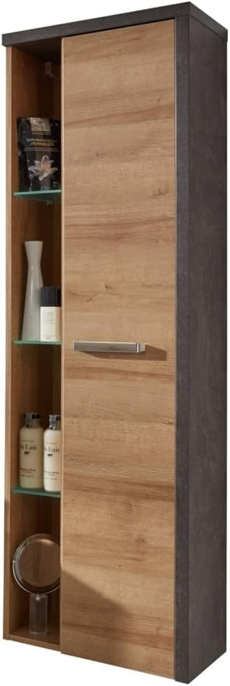 Badezimmer Hochschrank hängend BENISSA-19 in Eiche Riviera Honig Nb. mit Beton dunkel, B/H/T: ca. 48/160/31 cm Bild 1