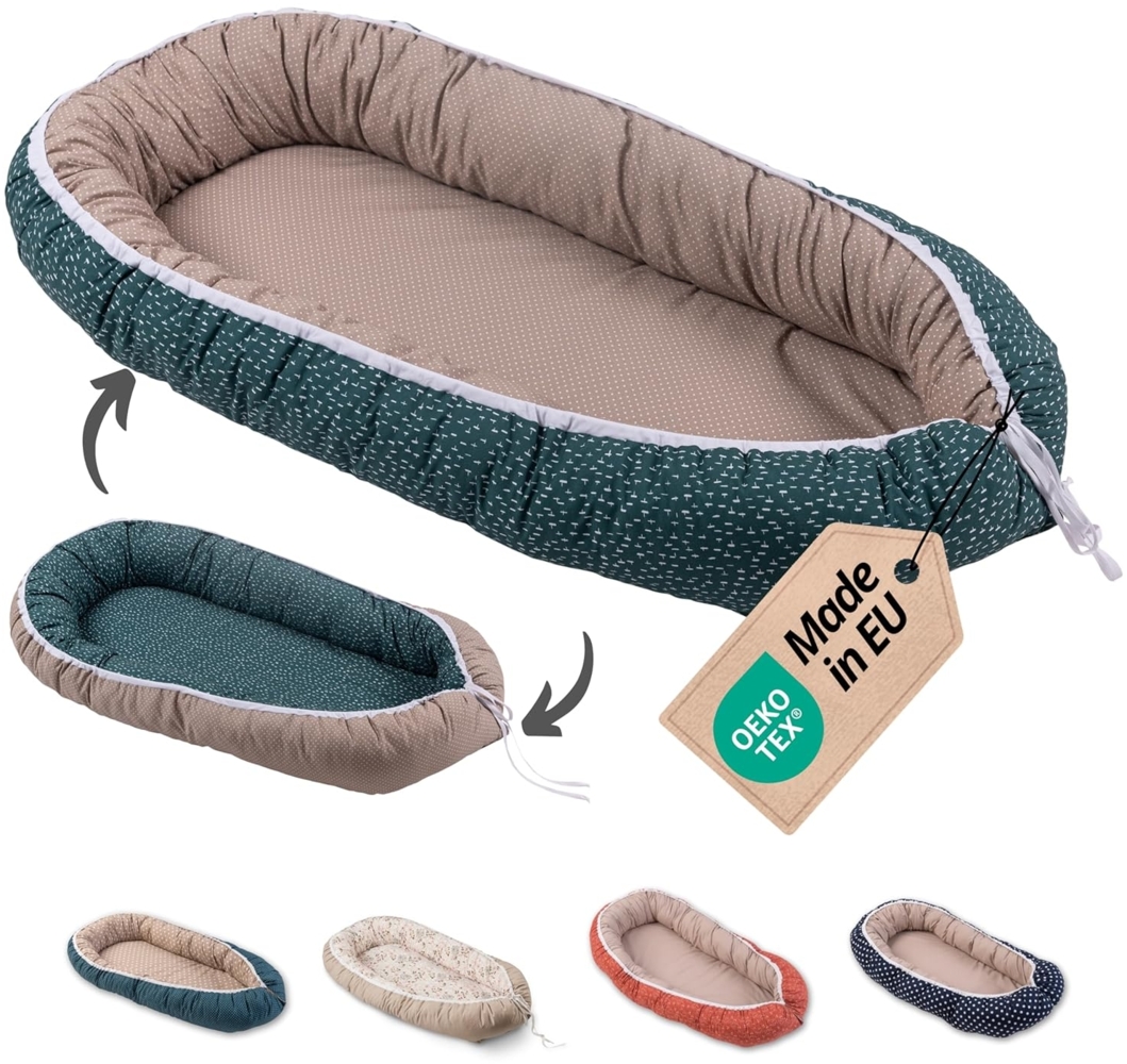 ULLENBOOM ® Babynest & Kuschelnest (55x95 cm) Eukalyptus (Made in EU) - Baby Nestchen aus Baumwolle, ideal als Reisebett, Baby Cocoon & Kuschelbett, Motiv: Sterne, Punkte Bild 1