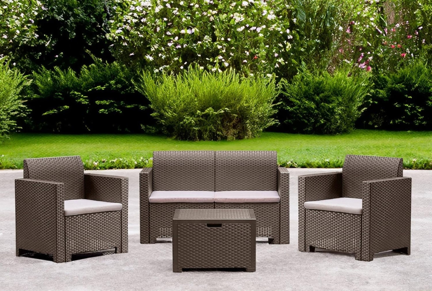 Dmora - Loungeset für draußen Venere, Outdoor-Lounge mit Couchtisch, Terrassenset mit Kissen, Gartenkomposition mit Sofa und Sesseln, Made in Italy, Taube Bild 1