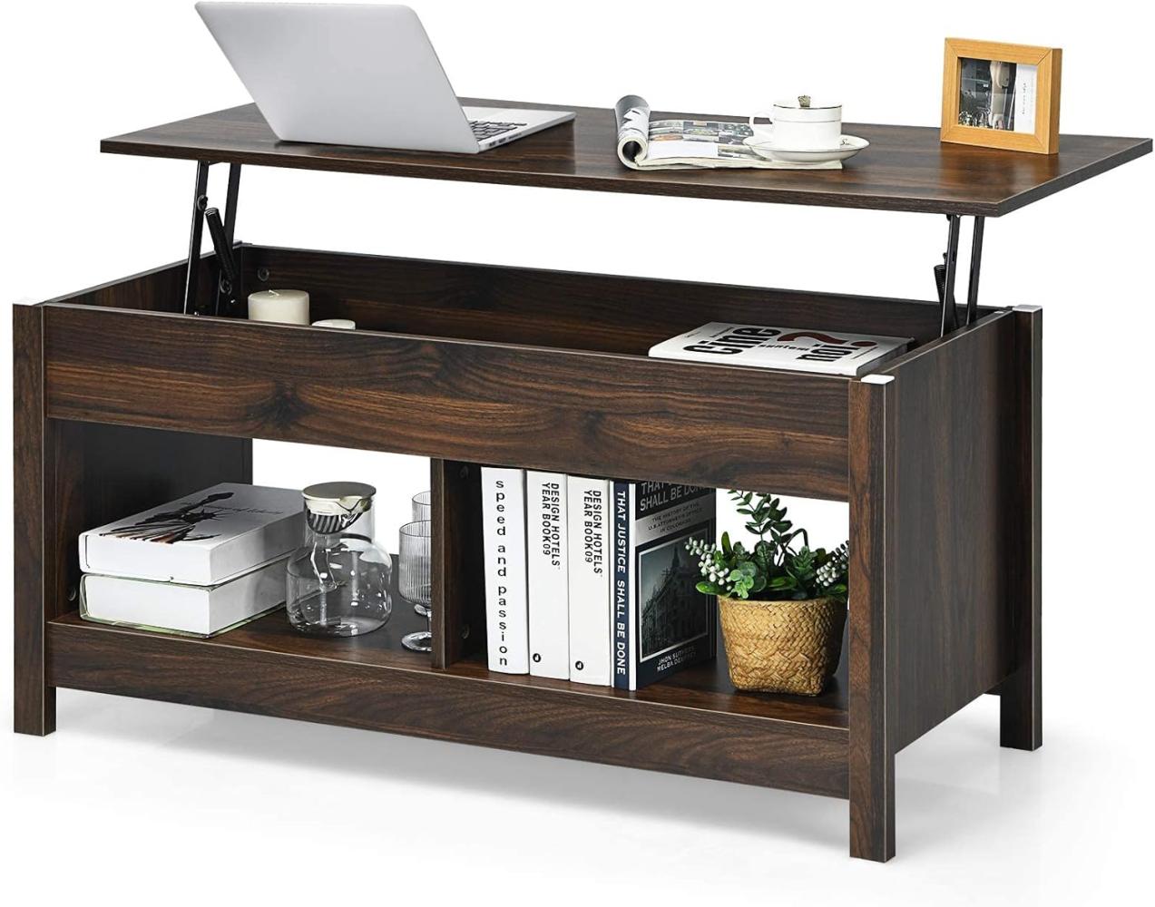 COSTWAY Couchtisch höhenverstellbar, Sofatisch Beistelltisch mit Ablagefach, Sofatisch aus Holz, Kaffeetisch Teetisch für Wohnzimmer Balkon Flur (Braun) Bild 1