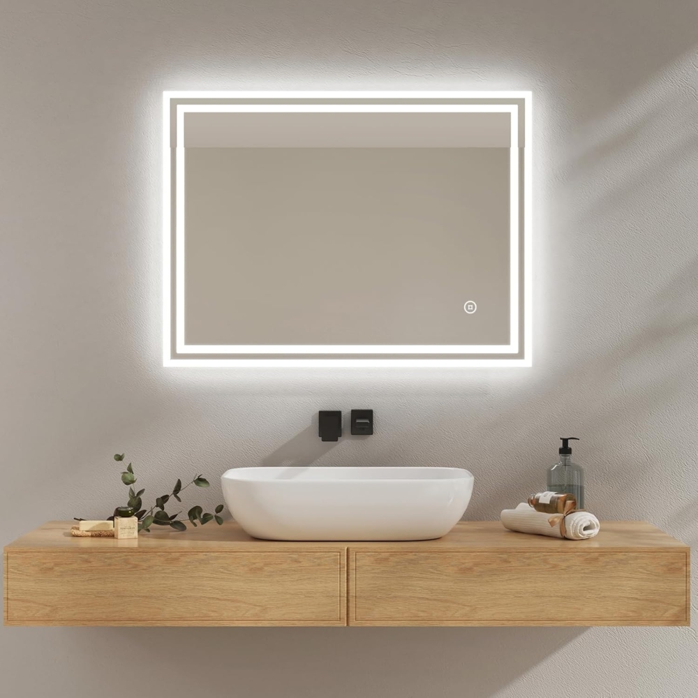 EMKE Badezimmerspiegel mit Beleuchtung, 80x60 cm, LED-Spiegel, 3 Lichtfarben dimmbar (warmweißes Licht/kalt/neutral), Anti-Beschlag-Funktion, Touch-Schalter, Wandspiegel Bild 1