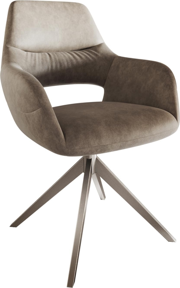 Esszimmerstuhl Yago-Flex mit Armlehnen Mikrofaser Taupe Vintage Kreuzgestell breit Edelstahl Taschenfederkern Bild 1