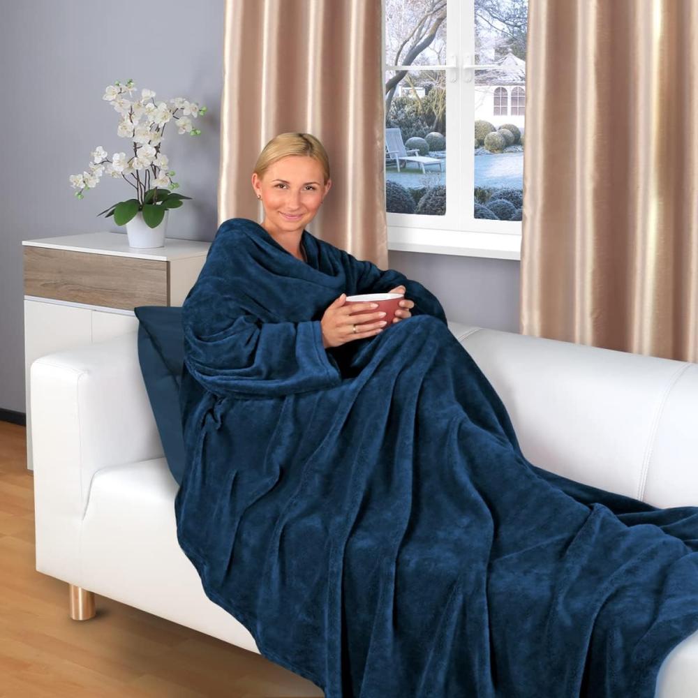 Wohndecke flauschige, tragbare Kuscheldecke mit Ärmeln und Fußtasche, Gräfenstayn, warme Ärmeldecke - TV Decke zum Anziehen - 200x170cm blau Bild 1