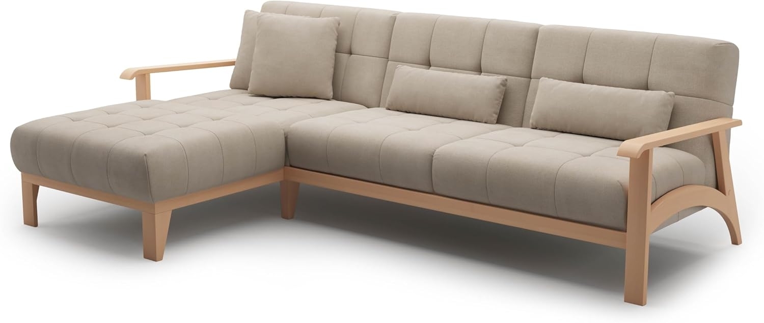 Cavadore Ecksofa Billan / Schlafsofa im skandinavischen Design mit Longchair, Bett und massivem Holzgestell in Buche / 264 x 88 x 183 / Flachgewebe, Beige Bild 1