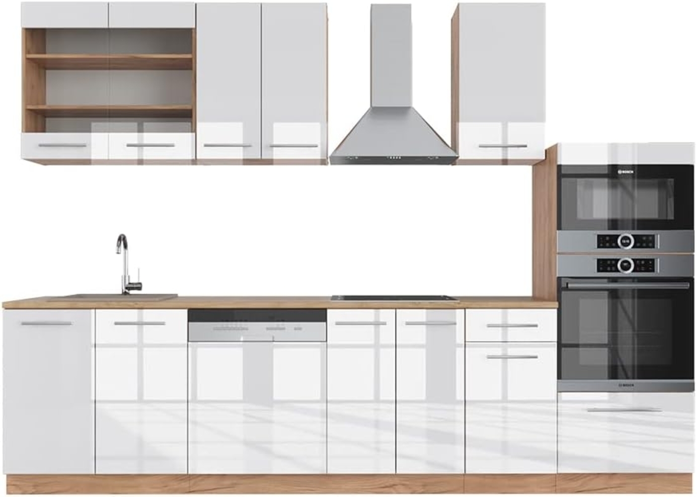 Küchenzeile Fame-Line Weiß Hochglanz/Goldkraft Eiche 300 cm mit Hochschrank, ohne Arbeitsplatte Vicco Bild 1