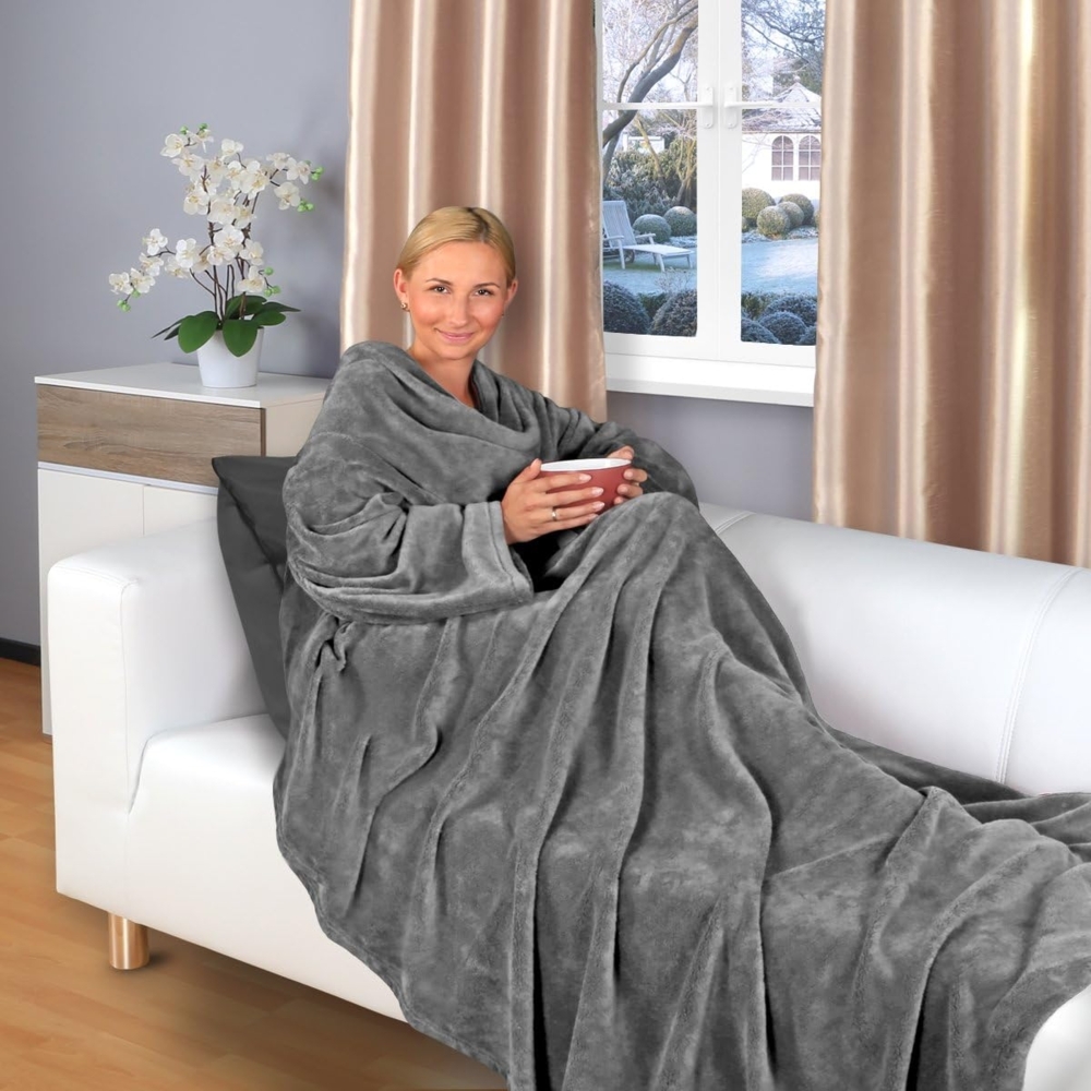 Wohndecke Kuscheldecke Arm (V), Gräfenstayn, warme Ärmeldecke - TV Decke zum Anziehen - 200x150 cm grau Bild 1