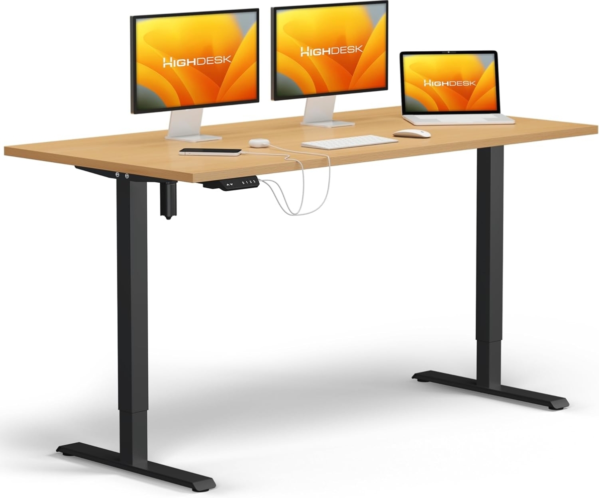 HighDesk SMART Höhenverstellbarer Schreibtisch (Schwarz + Buche I 120x70 cm) - Elektrischer Sitz- & Stehtisch mit Tischplatte - Stehschreibtisch Elektrisch Höhenverstellbar - von Krieg Bild 1