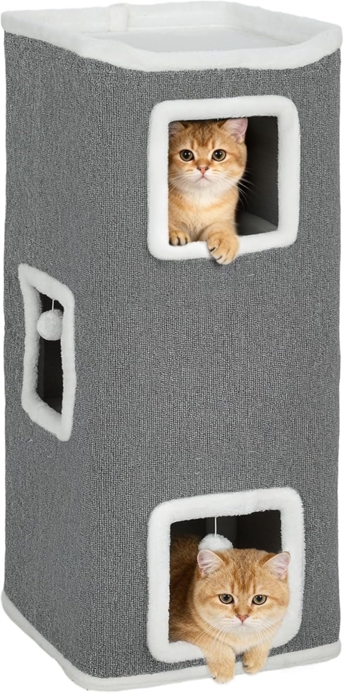 PawHut Kratztonne mit Spielball, Plüschrand, Katzenhöhle, (vierstöckige Katzentonne, 1-tlg, Kratzbaum), 100 cm Hoch 41 x 41 cm, für 1-2 Katzen unter 7kg, Grau Bild 1
