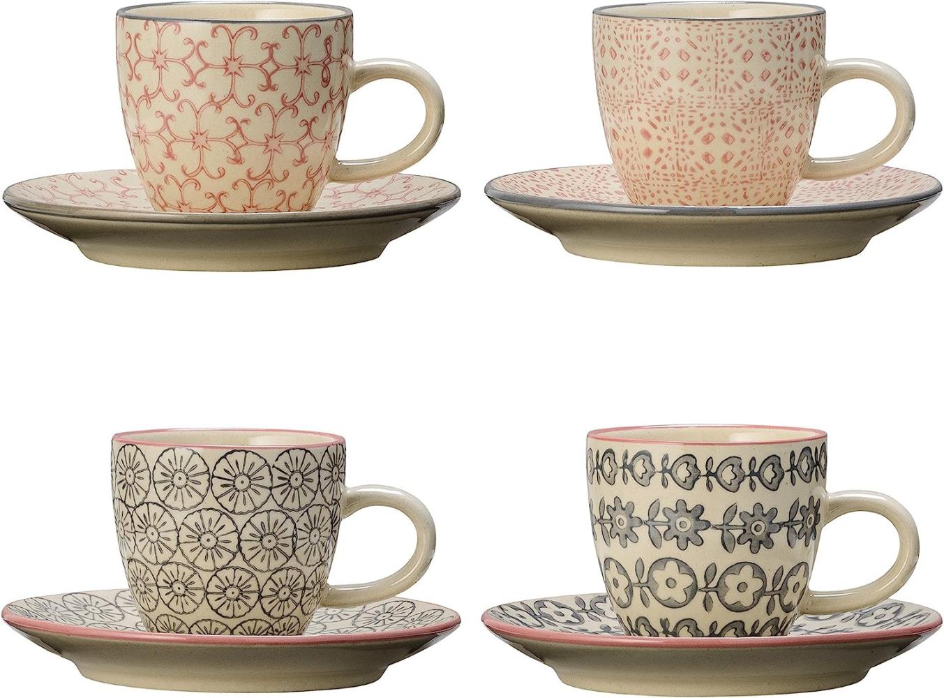 Bloomingville Espressotasse Cécile Espresso Cup & Saucer,Rose,Stoneware, 90ml, 4er Set Espresso Tassen, 4-teilig Kaffeetasse, Espressotasse Bild 1