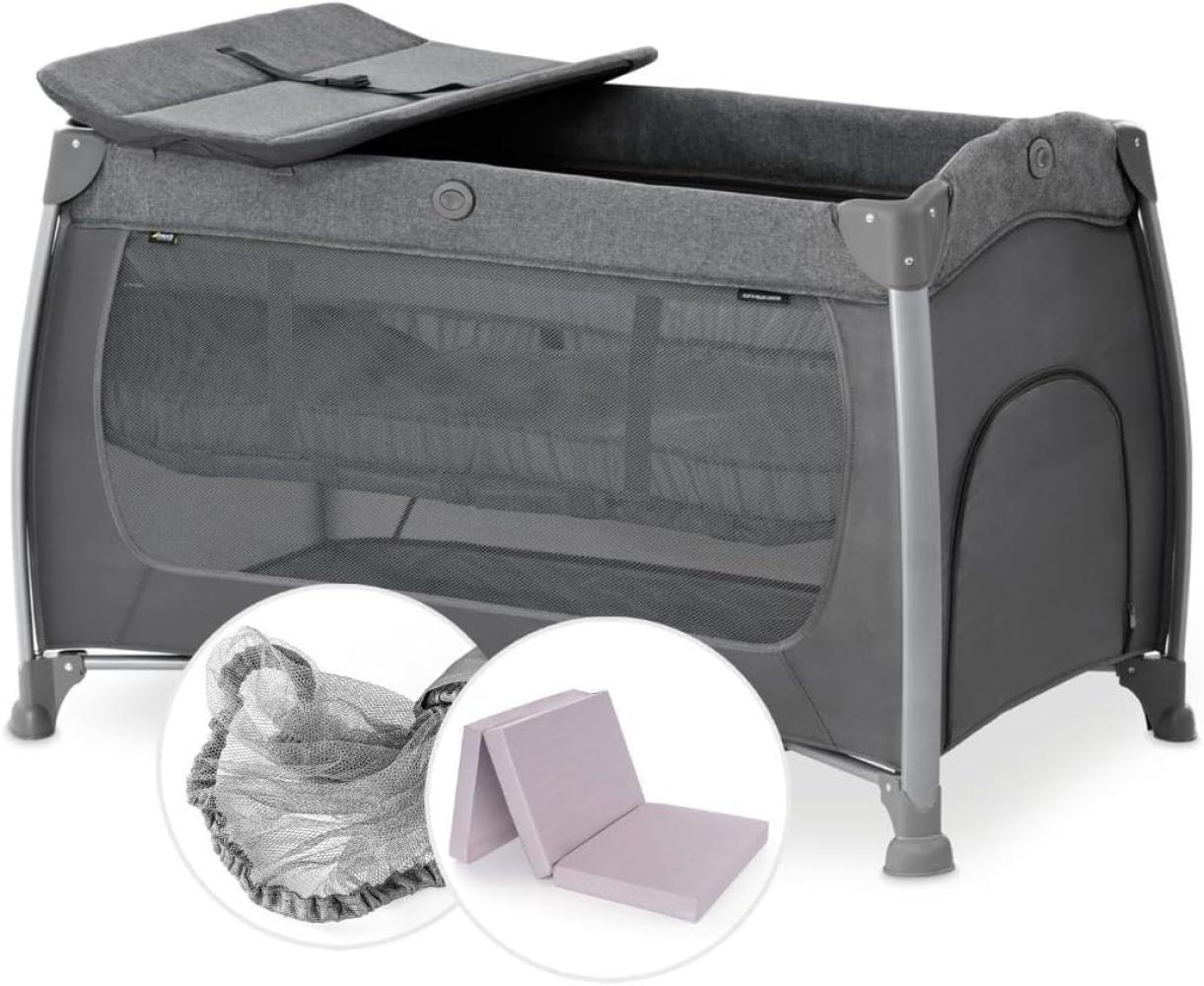 Hauck Baby Reisebett Play n Relax Center Set mit Komfort Matratze und Insektenschutz - Babyreisebett mit Neugeborenen Einsatz, Wickelauflage und Tasche (höhenverstellbar & faltbar) - Grau Bild 1