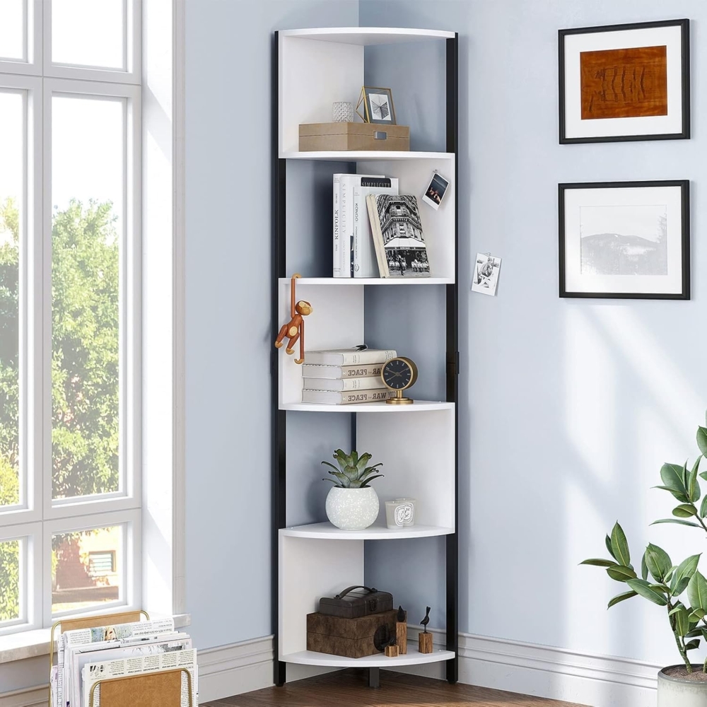 YITAHOME Bücherregal, mit 6 Ebenen, Eckregal stehend, Modern Freistehend, Display-Eck-Bücherregal, Aufbewahrungsregal Holz für Wohnzimmer, Büro, Schlafzimmer, Arbeitszimmer (weiß) Bild 1