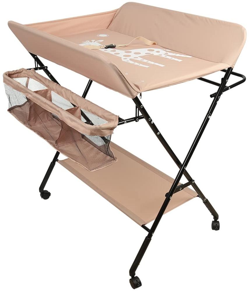 Wickeltisch Klappbarer und tragbarer, Wickelkommode Baby mit Motiv Giraffe, Höhenverstellbar, Wickeltisch mit Rollen 80 * 66 * 98 cm (beige) Bild 1