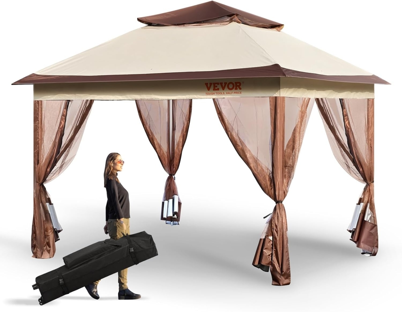 VEVOR Pavillon 334x334x281cm Gartenzelt PU-beschichtetes 250D-Oxford-Gewebe Faltpavillon inkl. Aufbewahrungstasche Partyzelt 8-10 Personen Pop up Zelt Faltzelt Gartenpavillon ideal für Campingausflug Bild 1