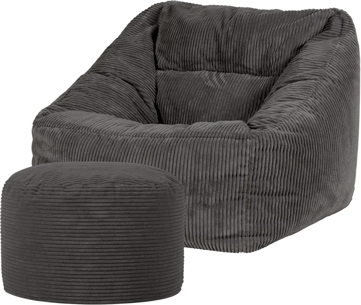 Icon Morgan Sitzsack Sessel mit Runden Hocker, Dunkelgrau, Cord Sessel, Sitzsack Erwachsene mit Füllung, Lounge Sessel, Sessel Wohnzimmer, Sessel Schlafzimmer Bild 1