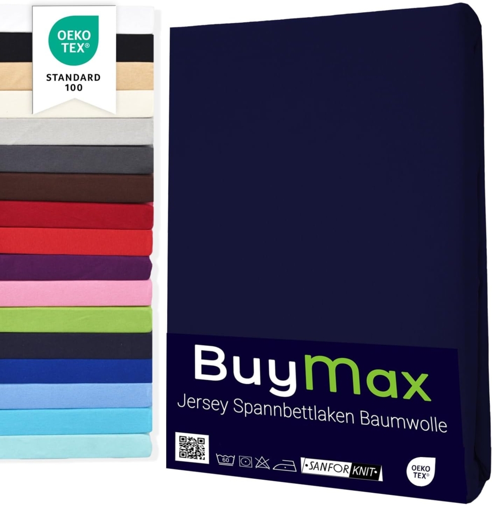 Buymax® Spannbettlaken 160x200 cm Doppelpack 100% Baumwolle Spannbetttuch Bettlaken Jersey, Matratzenhöhe bis 25 cm, Farbe Marineblau Bild 1
