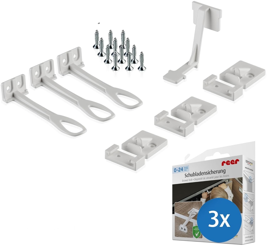 reer Schrank- und Schubladensicherung mit Montagehilfe | Einfache Einhand-Bedienung | Schraubmontage | integrierter Klemmschutz | 3 Stück | Farbe: weiß Bild 1