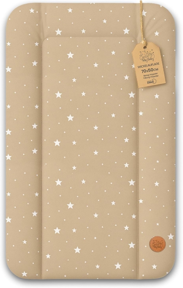 Wickelauflage Wickelunterlage abwaschbar und wasserdicht 70x50 cm - Wickelmatte zum Auflegen auf Wickeltisch Wickelaufsatz Wickelkommode oder Waschmaschine changing mat 70x50 Beige mit Weiß Sternen Bild 1