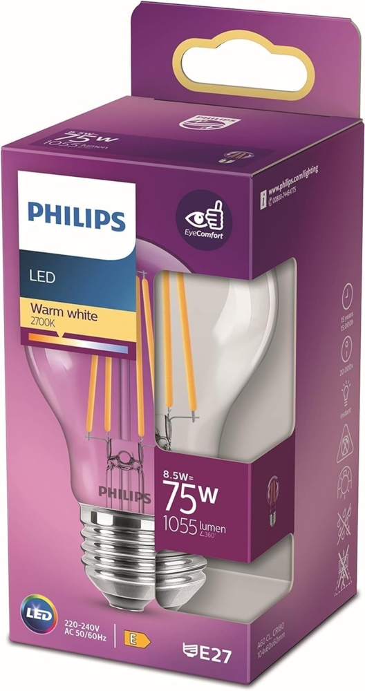 Philips LEDclassic Lampe 75W, E27, warmweiß (2700 Kelvin), 1055 Lumen, Weiß Bild 1