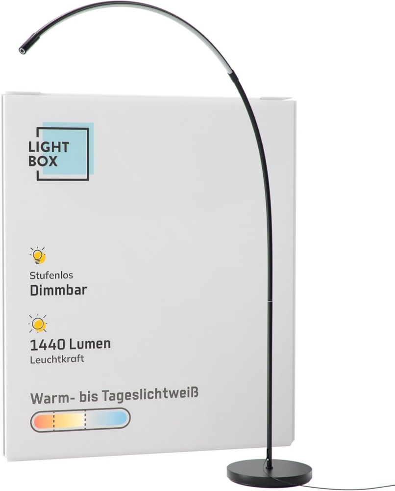 Lightbox LED Bogenstehlampe | 1,7 m Höhe | Stehleuchte mit Kopf-Schalter, dimmbar (CCT) | LED Lampe (1440 lm, 18 W) | Standleuchte auch als Schlafzimmer, Büro und Flur Lampe | aus Metall in Schwarz Bild 1
