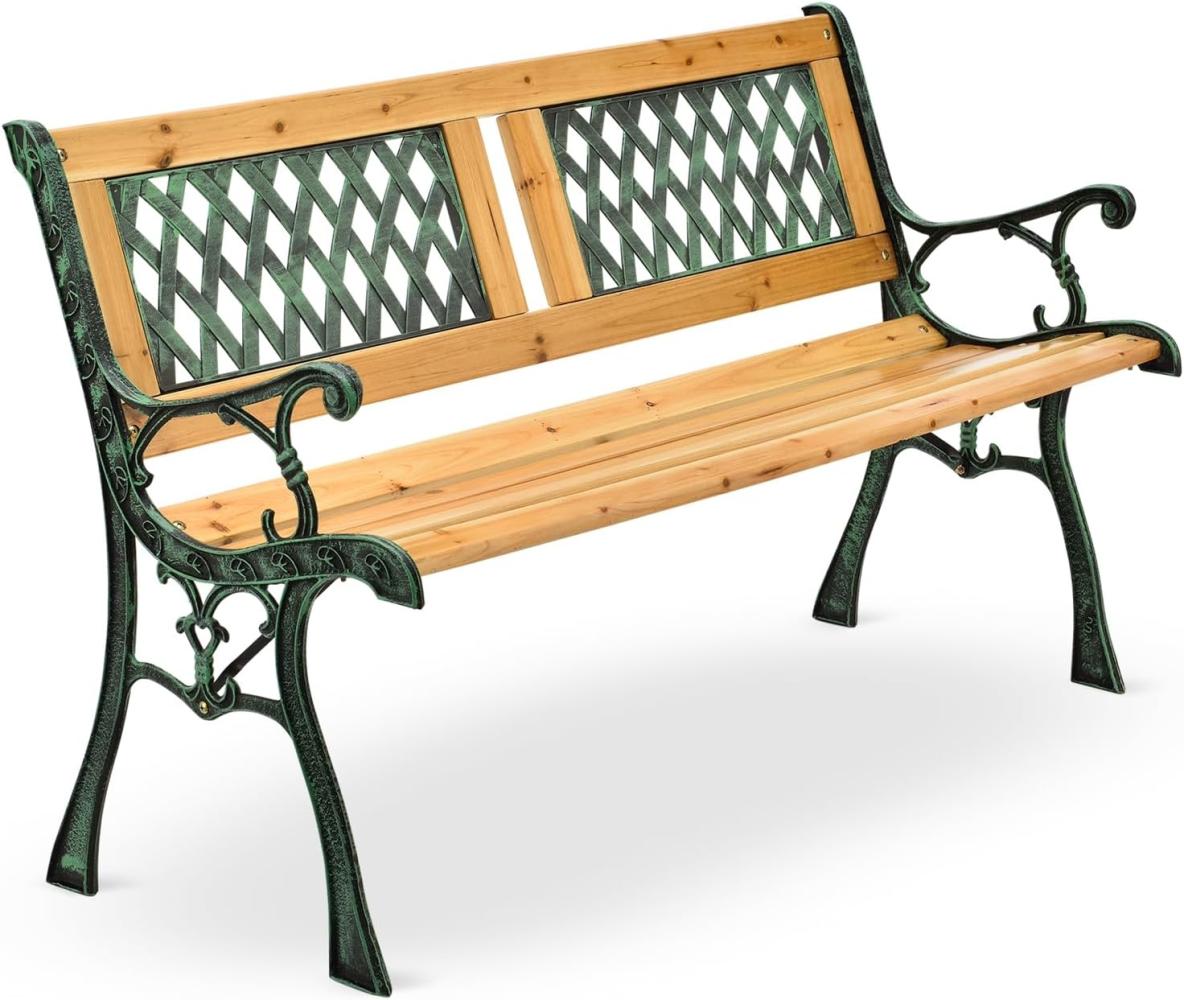 Juskys Gartenbank Sanremo – 2-Sitzer Holzbank mit Armlehnen & Rückenlehne – wetterfeste Sitzbank 122x54x73 cm - Seitenelemente aus Gusseisen Bild 1