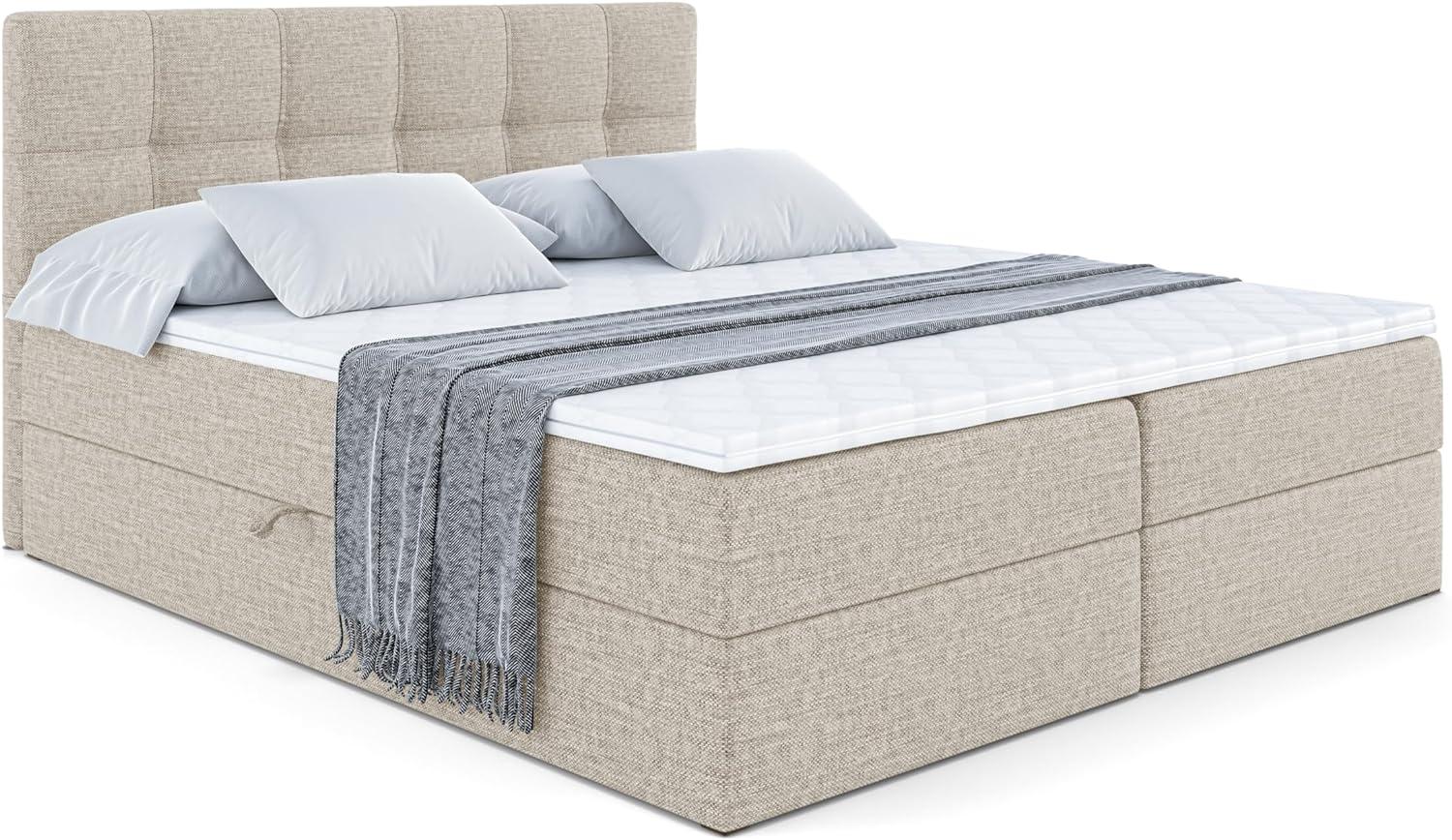 ALTDECOR Boxspringbett mit Multipocket-Matratze H4 (20 cm hoch) mit + PUR + Kokosmatte, Topper (4 cm hoch), Polsterbett mit Kopfteil und Bettkasten 140x200 - Beige Inari 22 Bild 1