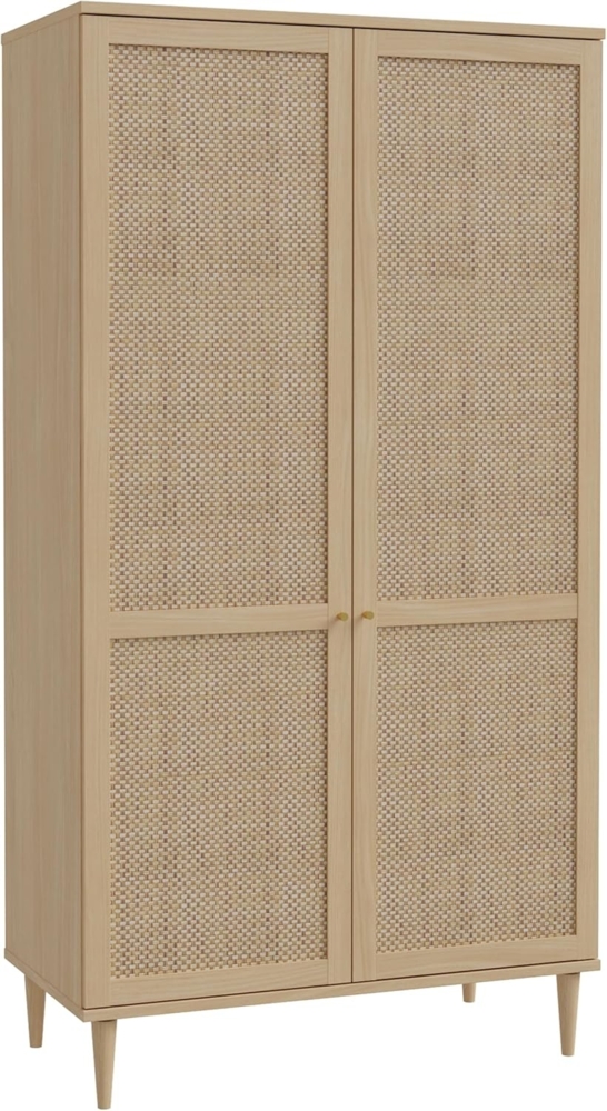 FORTE Calasetta Schrank 110 cm Boho Stil Wiener Geflecht Kleiderschrank mit 2 Türen Kleiderstange Einlegeböden Holz Dekor: Elegancia Eiche/Technorattan, 110 cm breit x 208 cm hoch x 52 cm tief Bild 1