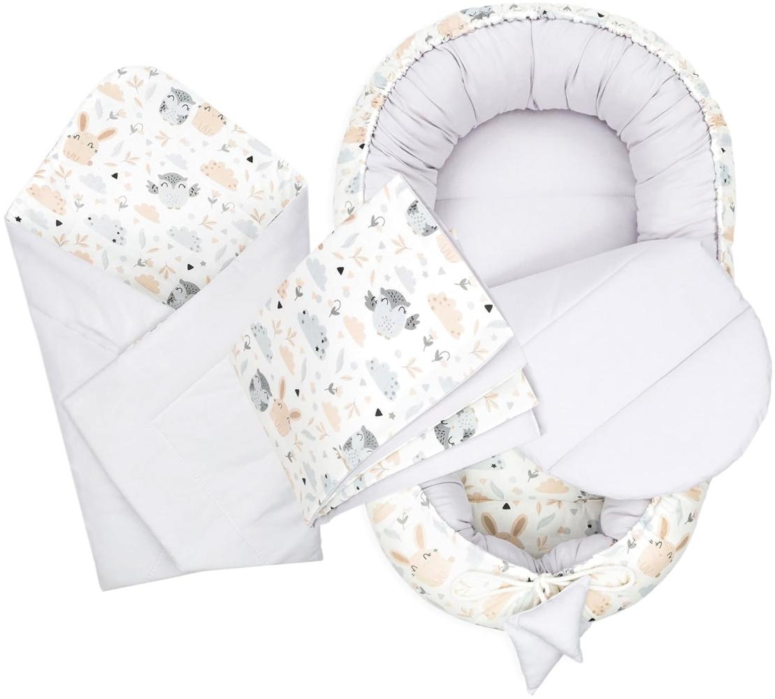 Babynestchen Set Neugeborene 90x50 cm Baumwolle - Kuschelnest Baby Nestchen 4-teilig Kokon Eulenmotiv Grau Bild 1