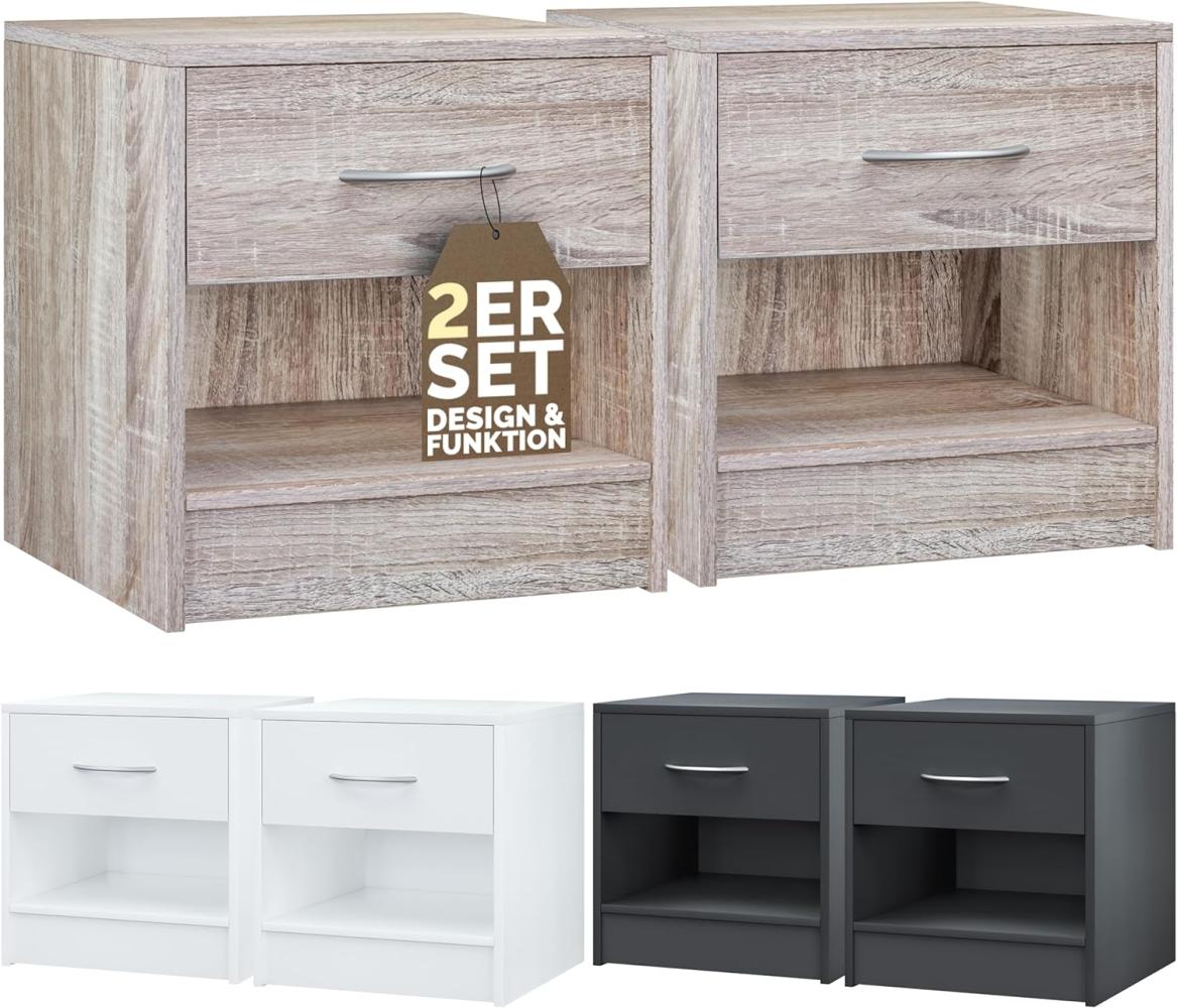 Casaria® Nachttisch 2er Set Eiche mit Schublade 41x39x28 cm Holz Ablage Modern Schlafzimmer Bett Nachtschrank Nachtkästchen Beistelltisch Nachtkommode Bild 1