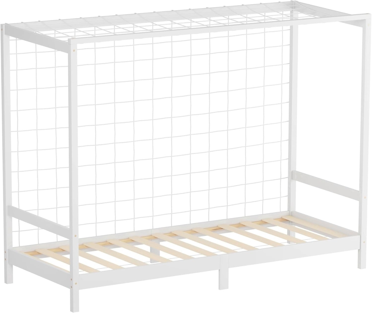 ML-DESIGN Spielbett Fußballtor Einzelbett für Kinder Holzbett mit Lattenrost & Tornetz, Abenteuerbett zum Spielen 90x200cm Weiß Kinderbett Holzbettgestell Bild 1