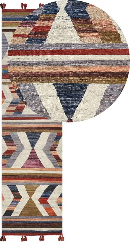 Kelim Teppich Wolle mehrfarbig 80 x 300 cm geometrisches Muster Kurzflor MRGASHAT Bild 1