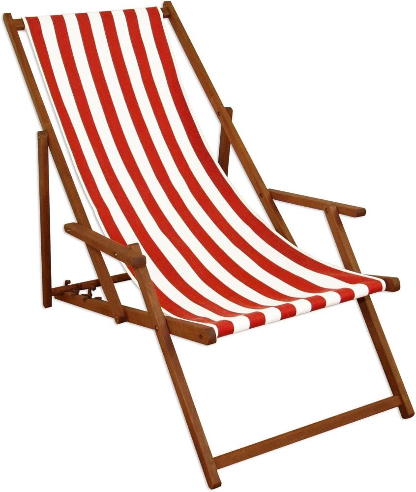 Deckchair rot-weiß Strandstuhl Gartenstuhl Buche dunkel Sonnenliege Relaxliege klappbar 10-314 Bild 1