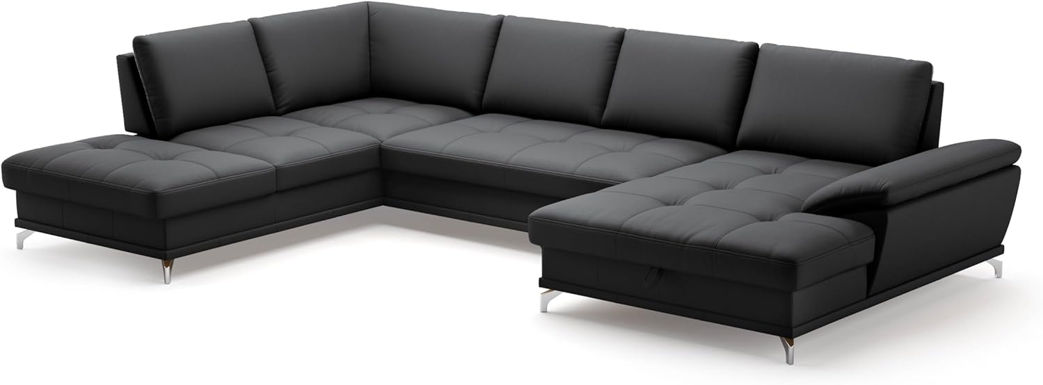 Cavadore Wohnlandschaft Castiel mit Federkern / Sofalandschaft mit großem Longchair, Sitztiefenverstellung und satinierten Metallfüßen / 363 x 89 x 223 / Echtleder, Schwarz Bild 1