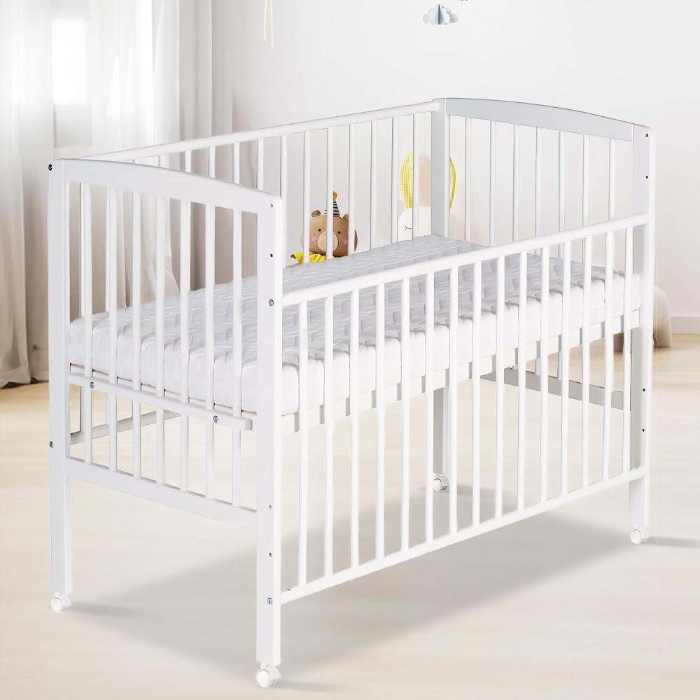 Schardt - Baby Beistellbett Micky Plus mit Rollen - Weiß - 60×120 cm - Stufenlos Höhenverstellbar - inkl. Umbauseiten und Sicherheitsgurtsystem (Weiß mit Rollen) Bild 1