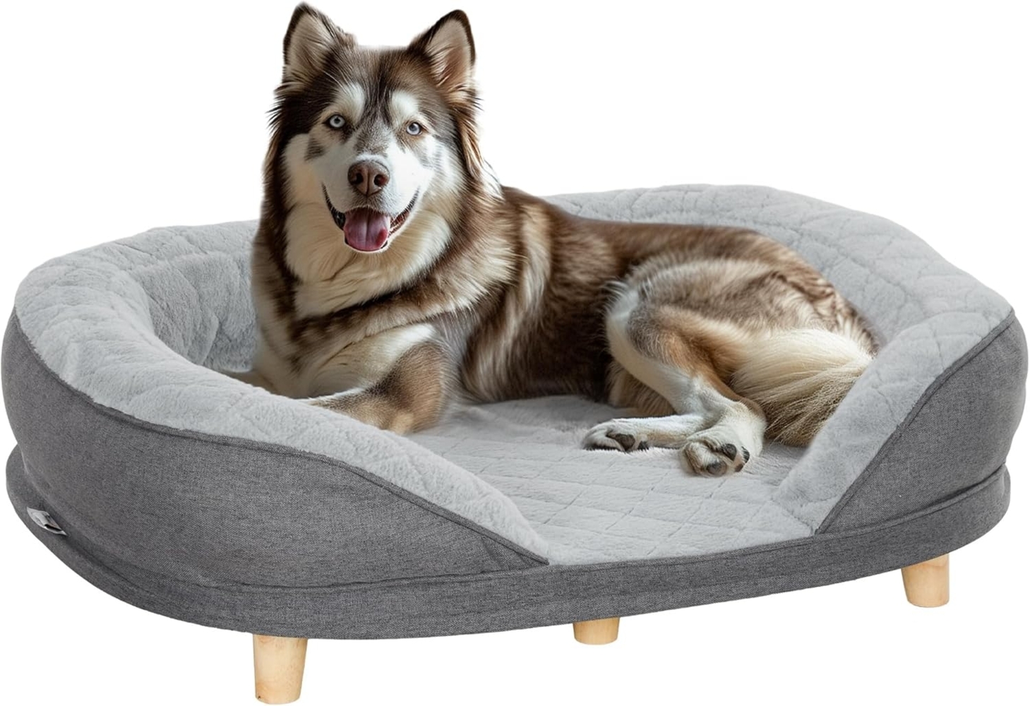 PawHut Tierbett Waschbarer Bezug, mit Rückenlehne und Holzbeine, Polyester, für mittelgroße Hunde unter 25 kg, Grau Bild 1