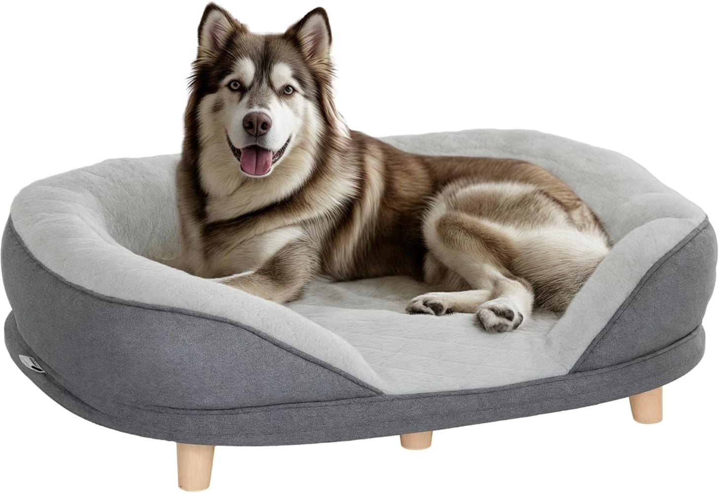 PawHut Tierbett Waschbarer Bezug, mit Rückenlehne und Holzbeine, Polyester, für mittelgroße Hunde unter 25 kg, Grau Bild 1