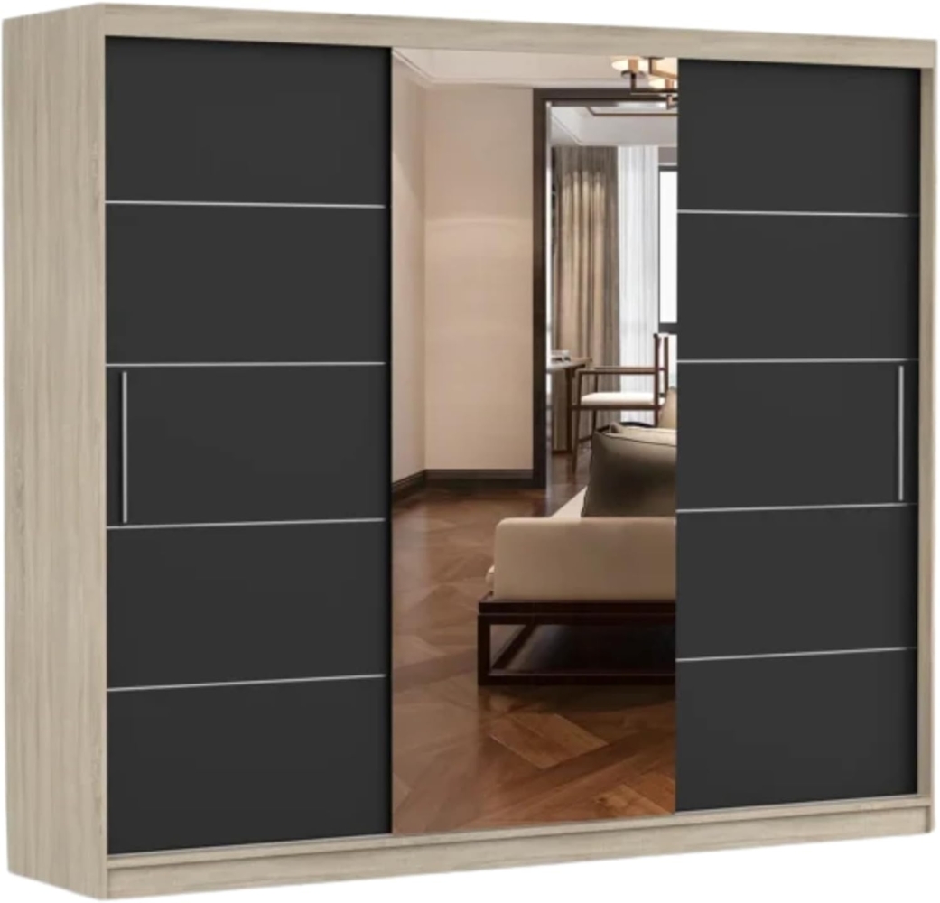 Schwebetürenschrank Alba 250 cm, Schiebetürenschrank mit Spiegel, Kleiderschrank mit Kleiderstange und Einlegeboden, Schlafzimmerschrank, Schiebetüren, Modern Design (Sonoma/Schwarz) Bild 1
