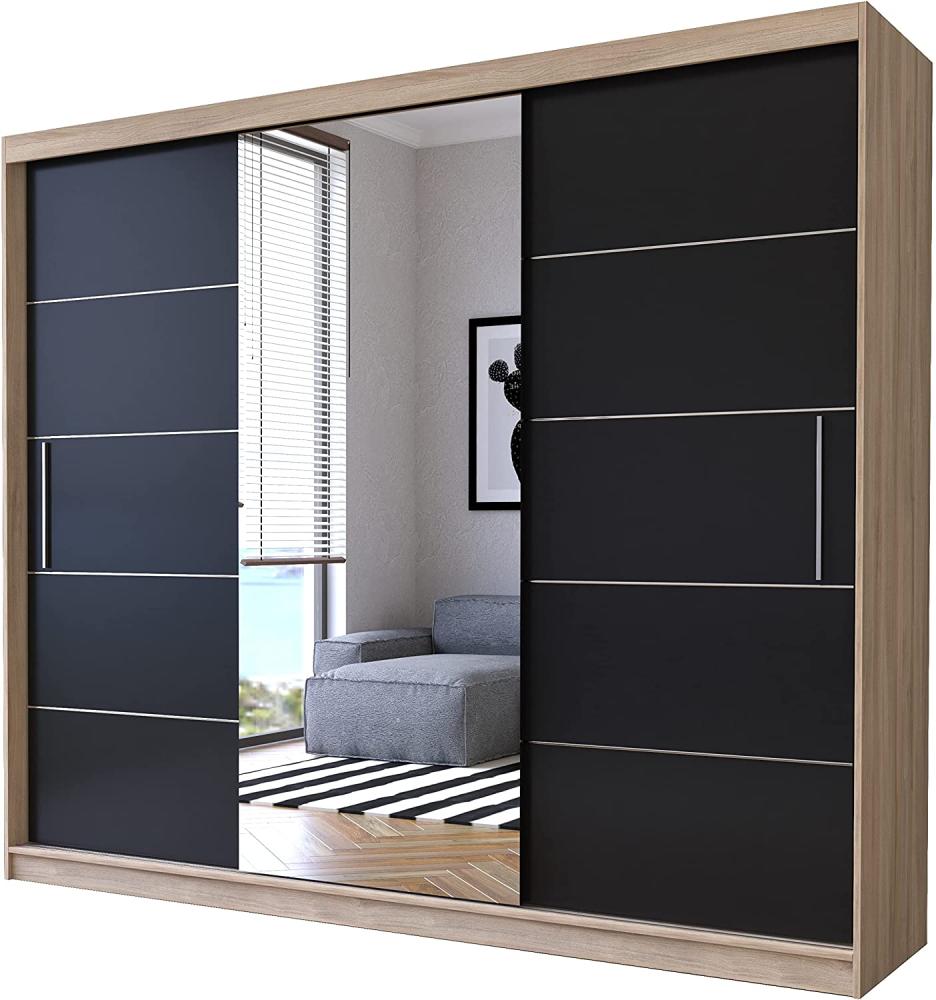 Schwebetürenschrank Alba 250 cm, Schiebetürenschrank mit Spiegel, Kleiderschrank mit Kleiderstange und Einlegeboden, Schlafzimmerschrank, Schiebetüren, Modern Design (Sonoma/Schwarz) Bild 1