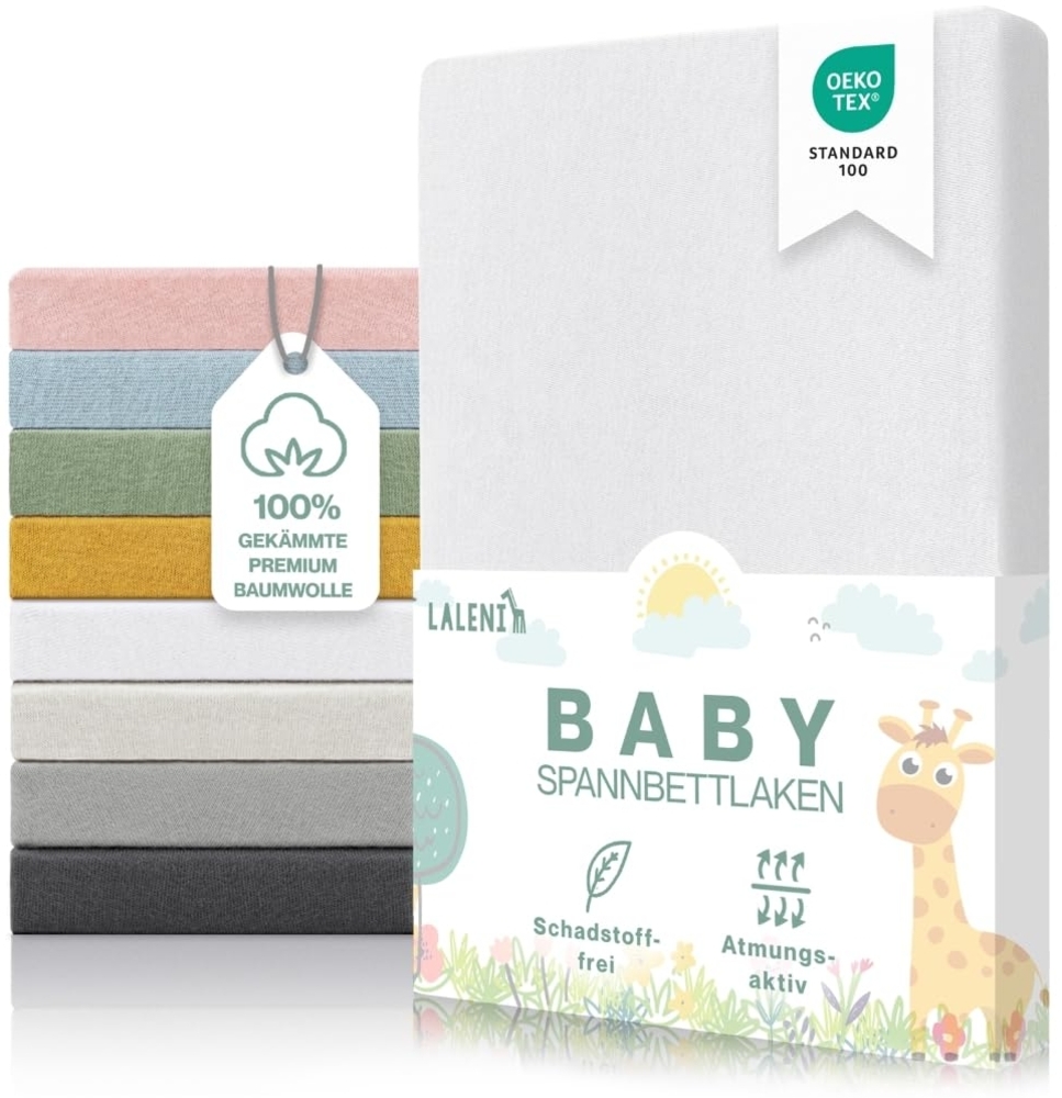 Laleni Premium Spannbettlaken 60 x 120 x 15 cm Babybett 2er Set | Oeko-TEX zertifiziertes Bettlaken 60x120 Kinderbett | Kinderbettwäsche 60x120 100% Baumwolle | Spannbettlaken 60x120 cm Baby in Weiß Bild 1