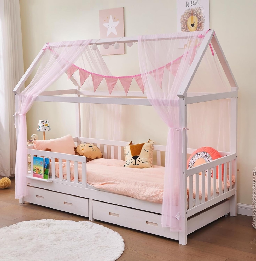 Alavya Home® Hausbett BUCHE CLOUD I KOMPLETT SET mit 2 Schubkästen (Kinderbett 80x160 cm mit Schublade inkl. Deko Rosa und Matratze), Aus massivem Buchenholz Bild 1