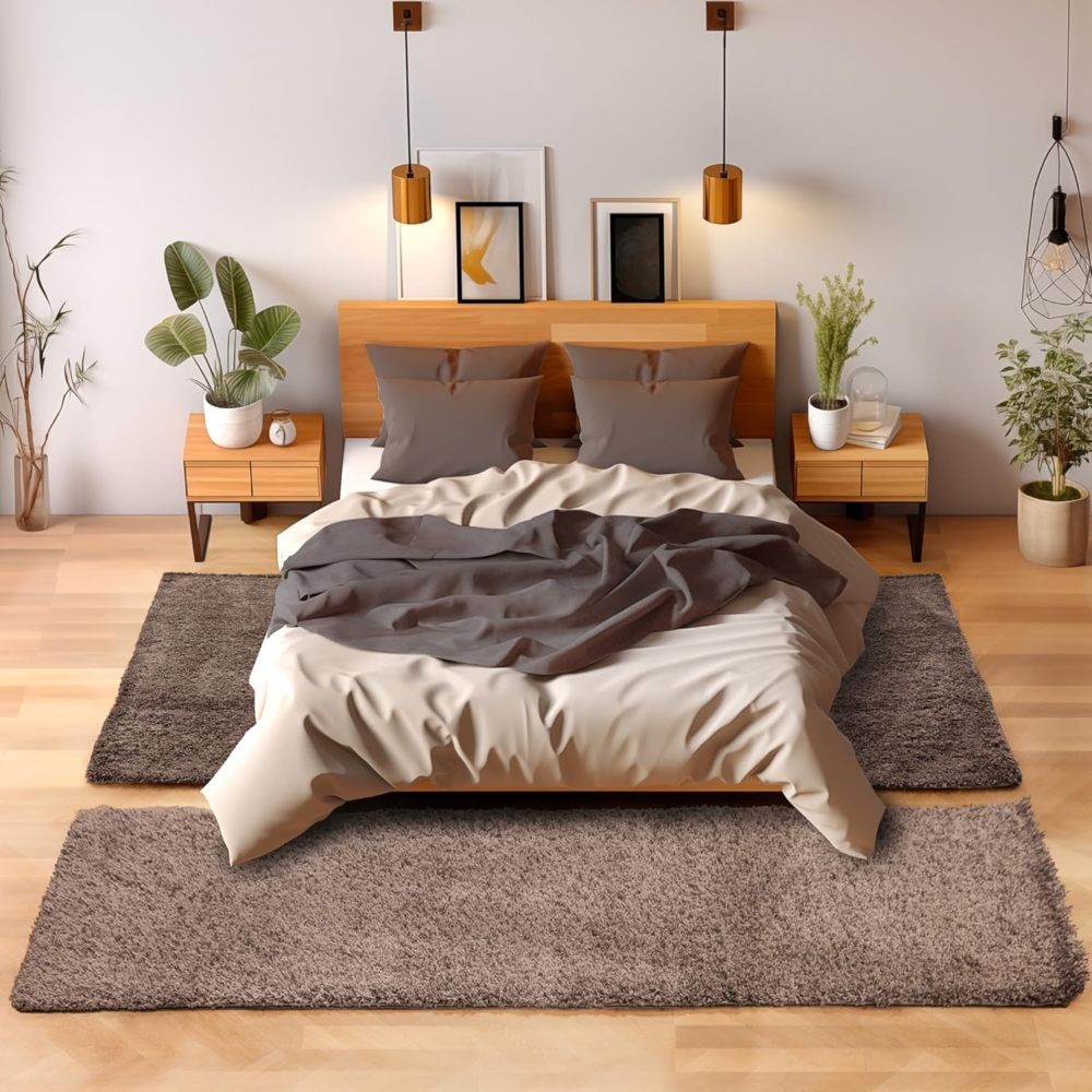 SIMPEX24 Hochflor-Bettumrandung Unicolor - Einfarbig, Höhe 30 mm, (Bett-Set, 3-tlg, Bettvorlage), Schlafzimmer Teppich Bettumrandung Läufer Set 3 teilig Bild 1