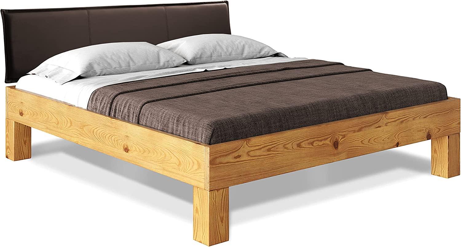 Möbel-Eins CURBY 4-Fuß-Bett mit Polster-Kopfteil, Material Massivholz, rustikale Altholzoptik, Fichte natur 180x200 cm Standardhöhe Kunstleder Braun ohne Steppung Bild 1