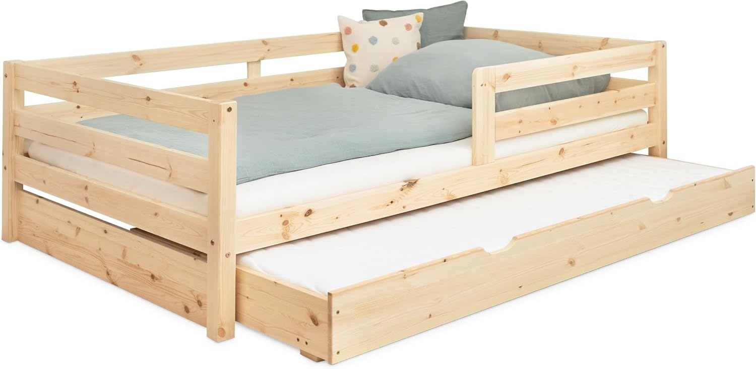 Ehrenkind Kinderbett aus massivem Kiefernholz mit Rausfallschutz in Natur und Weiß (Jugendbett in Natur, Kinder Bett), Kinderbett 90x200 cm Bild 1